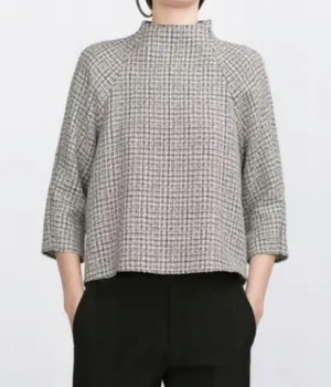 Zara | Tweed 3/4 Sleeve Blouse Black White XS Mock neck thumbnail 2