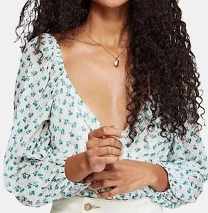 Free People Floral Deep V-Neck Blouse - White and green thumbnail 1
