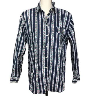 Cherokee Vintage 90s Western Style Floral Stripe Button Up Shirt Blue Purple M thumbnail 1