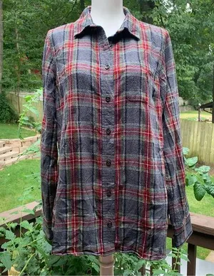 LL Bean Shirt Women Medium M Gray Scotch Plaid Flannel Slightly Fitted Top thumbnail 1