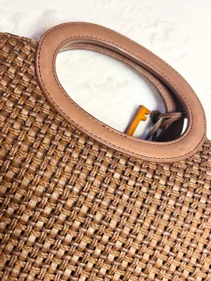 Vintage Fossil Brown Woven Tote Bag with Leather Trim & Logo Key Charm thumbnail 8