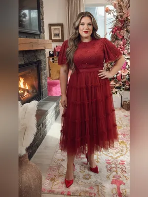 NWT Ivy City Co. Anastasia in Dark Red Embellished Tulle Ruffled Dress 3X thumbnail 2