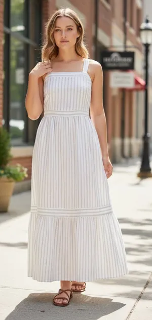NWT LOFT Shimmer Striped Linen Blend Square Neck Midi Dress thumbnail 1