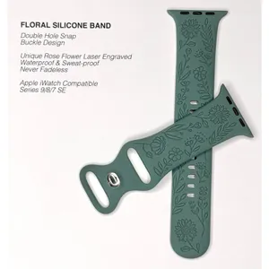 Unbranded Apple iWatch 9/8/7 SE Engraved Rose Floral 34mm‎ Silicone Watch Band thumbnail 2