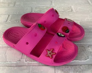 Crocs Classic Sandals Womens 7 Men 5 Pink Charms Two Double Strap Bright Comfort thumbnail 2