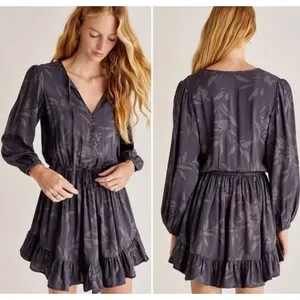 Sundry Floral Print Button Front Tie Waist‎ Long Sleeve Mini Dress Charcoal M thumbnail 2