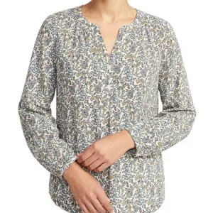 Old Navy Cream Yellow Blue Floral Split-Neck Button Long Sleeve Blouse Size M thumbnail 2