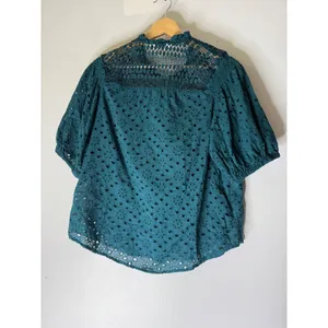 Adiva crochet‎ green teal lace eyelet short puff sleeve top large thumbnail 2
