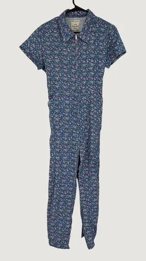 Afternoon Floral Zip‎ Front Jumpsuit Womens Small BCI Cotton Cottagecore Blue thumbnail 1