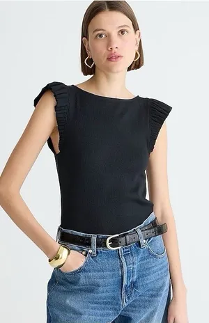 J. Crew ribbed ruffle boatneck tank top cotton blend short cap sleeve stretch thumbnail 1