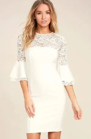 Lulu’s nwt ivory white lace top bell sleeve fitted dress size medium thumbnail 1