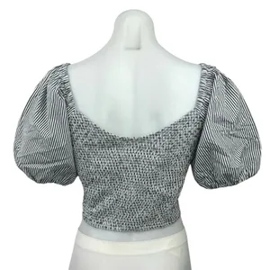 NEW J.Crew White Striped Sweetheart Neck Short Balloon Sleeve Smocked Crop Top M thumbnail 2