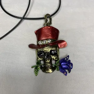 Skull Necklace Red Top Hat Rose Pendant Gothic Halloween Costume Jewelry‎ New thumbnail 2