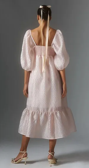 Anthropologie NWT By Textured Pink Puff-Sleeve Dress thumbnail 4
