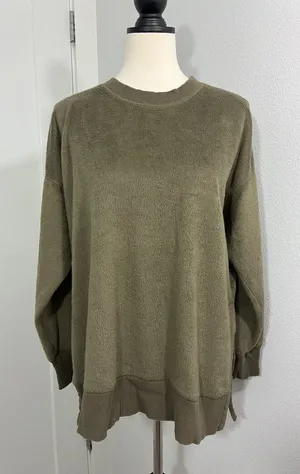Aerie Extra Small Olive Green Velvety Plush High Crewneck Tunic Sweater thumbnail 1