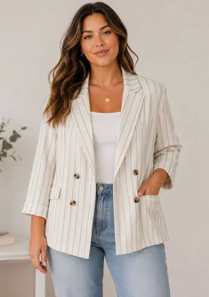 Old Navy Linen Blend Blazer Nautical Coastal Double Breasted Striped Navy XXL thumbnail 1