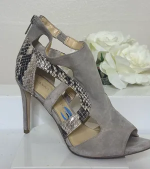 Ivanka Trump Taupe Suede Cutout Stiletto Heels with Snake-Print Trim thumbnail 1