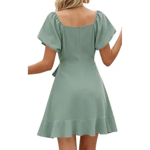 Mint Green Puff Sleeve Ruffle Mini Dress Square Neck Wrap Tie Side‎ Split Large thumbnail 2