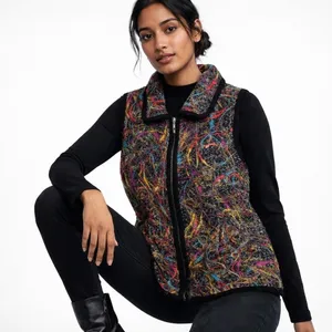 Lisa International Women Colorful Abstract Print Textured Zip Up Vest S Black thumbnail 1