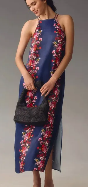 By Anthropologie $148 Double Strap‎ Blue Halter Column Midi Blue Floral Dress thumbnail 1