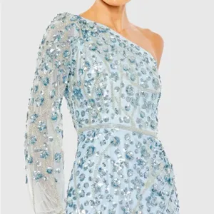 MAC DUGGAL Blue Embellished One Sleeve Faux Wrap Gown Dress 8 thumbnail 3