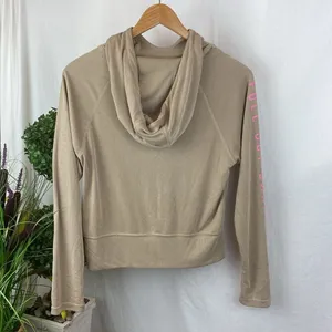 Mono B Tan Ribbed Full Out Barre Print Long sleeve Hoodie Crop Top NEW L thumbnail 3