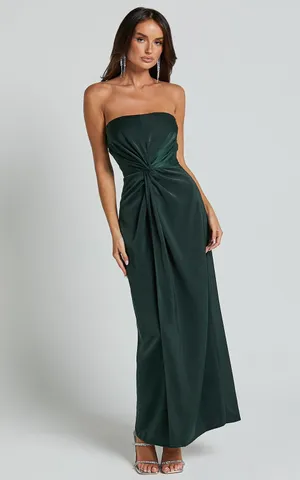 Showpo New Hathaway Maxi Dress Strapless Straight Neck Twist Front Split Emerald Large thumbnail 3