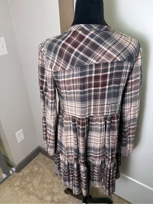 Knox Rose Babydoll Tunic Top Plaid V-Neck Button Down Long Sleeve Blouse Fall S‎ thumbnail 6