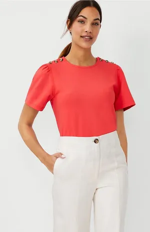 Ann Taylor Ponte Shoulder Button Top Short Sleeve Shirt in Hibiscus Size Medium thumbnail 1