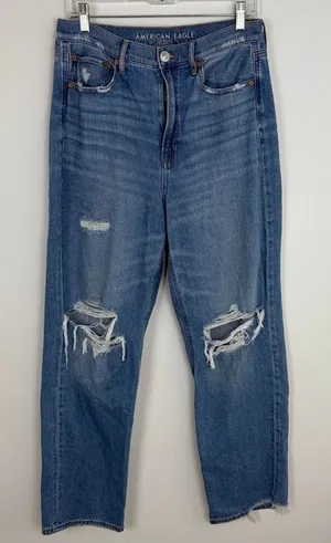American Eagle Baggy Jean Medium Wash Denim Distressed Closet Basic Size 10 thumbnail 1