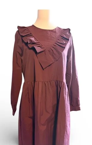SARAH COLLECTION Burgundy Ruffle Neck Long Sleeve Midi Dress‎ Women Siza Large thumbnail 1