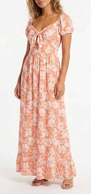 Torrid Peach Floral Smocked Tie Front Maxi Dress Pockets Size 1 Plus Size 1X thumbnail 1