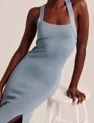 Abercrombie and Fitch Sleeveless Square Neck Knit Midi Dress in Blue thumbnail 1