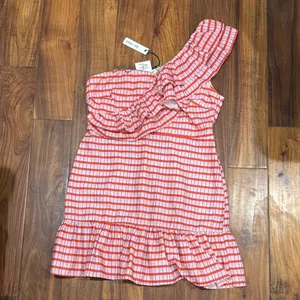 Stylish One-Shoulder Dress in Red and White and blue. thumbnail 1