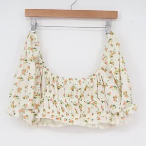 For Love & Lemons Floral Pointelle Puff Sleeve Crop Top Cream L thumbnail 5