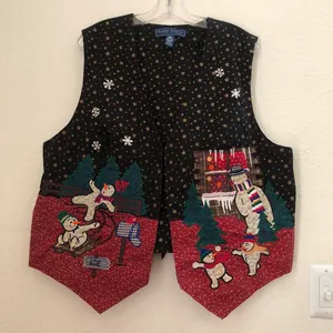 Funky Karen Scott Vintage Plus Size Black red Christmas Snowman festive vest tie back ugly sweater Size 2X - measurement in pics thumbnail 2