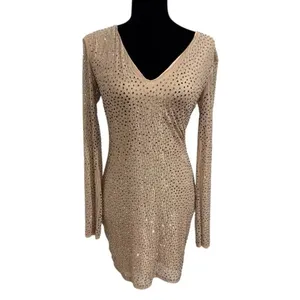 Windsor Sequin V-Neck Long Sleeve Dress - Tan EUC thumbnail 4