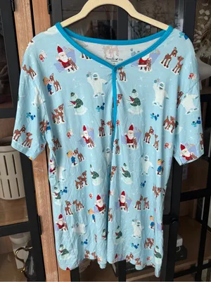 Bamboo Christmas pajamas shirt top short sleeve henley Rudolph santa reindeer thumbnail 5