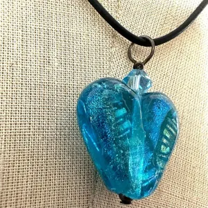 Blue glass heart pendant necklace sterling silver clasp on cord thumbnail 4