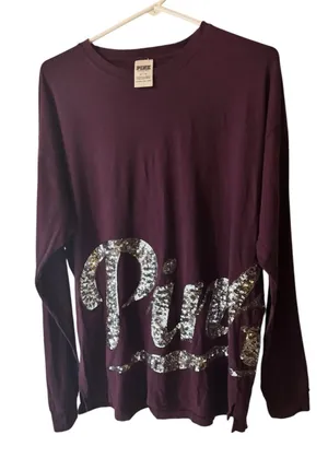 PINK Victoria's Secret Athleisure Wear Long Sleeve Sequin Logo Tee Sz M thumbnail 1