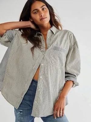 Free People Oversized Happy Hour Oxford Button Down Shirt Small Preppy Stripes thumbnail 1