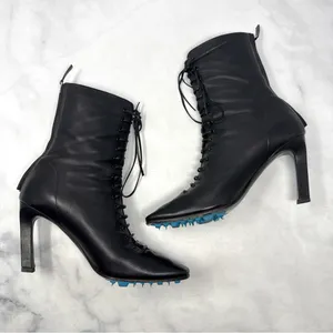 OFF-WHITE Leather Lace Up Card Holder Logo Heeled Ankle Boot Black Streetwear 36 thumbnail 8