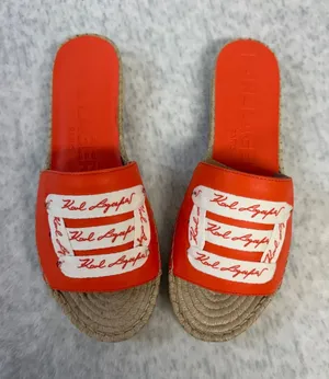 Karl Lagerfeld Paris Cherie Apricot Nappa Leather Espadrille Slide Sandals 9.5 M thumbnail 1