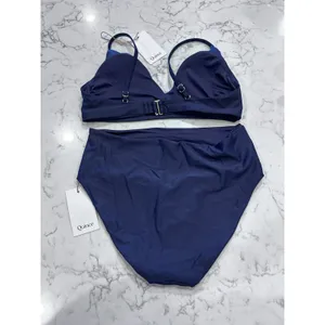NWT Quince Deep Navy Blue Italian V Neck Top High Rise Bottom Bikini Set Medium thumbnail 2