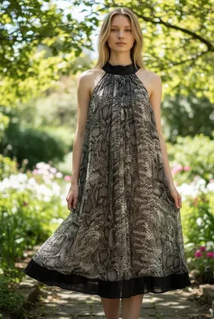 Snake Print Pleated Halter Mini Dress Black Satin Bow Trim‎ Grey White Large thumbnail 1