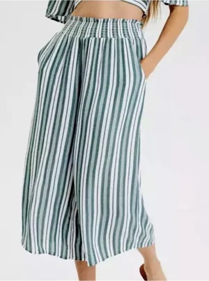 American Eagle Striped Wide Leg Flowy Pants Green & White Size Medium thumbnail 1