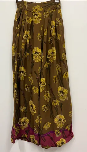 Anthropologie MAEVE Brown/floral Wide leg Palazzo pant with purple hem size 0 thumbnail 1