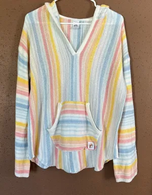 Buc-ees Pastel Striped Knit Baja Hoodie Sweater Womens Large Multicolor Logo thumbnail 1