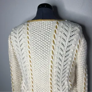 Hand Knit Cream Cable Knit Textured Cinched Waist Button Front Cardigan thumbnail 8