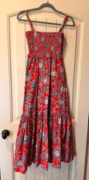 A.L.C. Red Floral Smocked Cotton Midi Dress Size 6 Tiered Sundress 100% Cotton thumbnail 1
